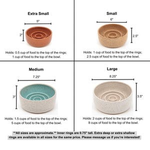 May include: Four ceramic pet bowls in extra small, small, medium, and large sizes. The extra small bowl is 5 inches wide and 2 inches tall. The small bowl is 6 inches wide and 2.5 inches tall. The medium bowl is 7.25 inches wide and 3 inches tall. The large bowl is 8.25 inches wide and 3.5 inches tall. Each bowl features internal rings and varying capacities.