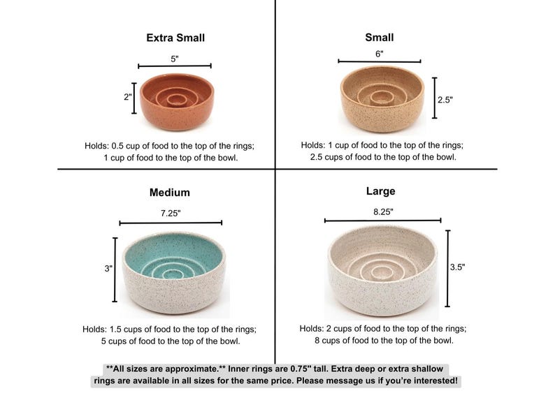 May include: Four ceramic pet bowls in extra small, small, medium, and large sizes. The extra small bowl is 5 inches wide and 2 inches tall. The small bowl is 6 inches wide and 2.5 inches tall. The medium bowl is 7.25 inches wide and 3 inches tall. The large bowl is 8.25 inches wide and 3.5 inches tall. Each bowl features internal rings and varying capacities.