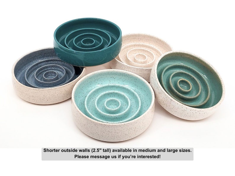 May include: Five round ceramic bowls with concentric interior rings. Colors include teal, dark blue, light blue, and cream with speckles. The text states: Shorter outside walls (2.5" tall) available in medium and large sizes. Please message us if you're interested!
