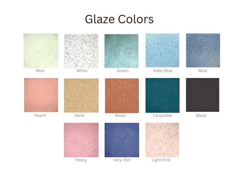 Może przedstawiać: Wzornik kolor&oacute;w zatytułowany Glaze Colors przedstawia dwanaście kwadratowych pr&oacute;bek o nakrapianych teksturach. Kolory obejmują miętowy, biały, zielony, błękitny, niebieski, brzoskwiniowy, piaskowy, moab, turkusowy, czarny, piwonia, very peri i jasnor&oacute;żowy z etykietami.