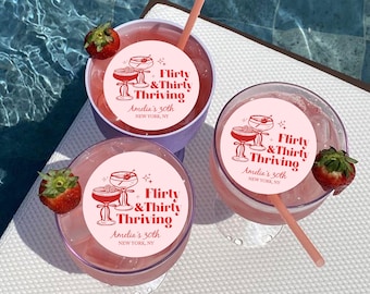 Flirty & Thirty Thriving Cocktail Toppers for Milestone Birthday Celebration, Edible 30th Birthday Drink Toppers, Birthday Cupcake Toppers