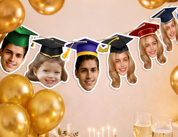 Custom Graduation Face Banner & Grad Cap Garland, Personalized Class of 2026 Celebration, Custom Photo Party Decor, Unique Grad Keepsake