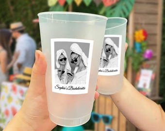 Custom Photo Bachelorette Party Cups,Personalized Bridal Shower & Bachelorette Favors, Beach Bach Cup, Girl Gang Party Frosted Cups