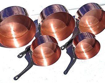 Vintage French Copper Saucepan Set of 5| Graduated Pans| Made in France| French Copper Cookware| 8lbs| Gift Idea!