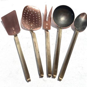 Vintage French Copper Utensil Set of 5, Handmade, brass Handles, 3lbs