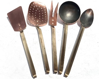 Vintage French Copper Utensil Set of 5, Handmade, brass Handles, 3lbs