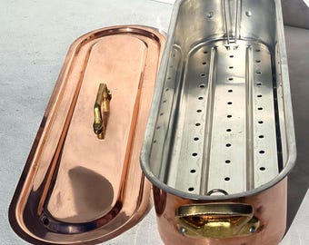 Olla para pescado francesa de cobre vintage, revestimiento de aluminio, 62 cm, 2,8 kg.