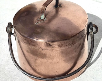 Ollas y sartenes de cobre francesas antiguas, caldero con tapa, 3 kg.