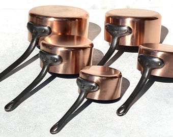 Juego de 5 sartenes de cobre francesas vintage, fabricadas en Francia, con revestimiento de estaño, 3,5 kg.