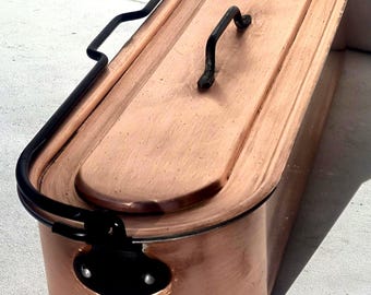 Olla para pescado francesa de cobre vintage, revestimiento de aluminio, 62 cm, 2,8 kg.