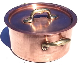 Vintage Französischer Kupfer Suppentopf Cocotte Topf mit Deckel | Bronzegriffe | Zinnfutter | Französisches Kupfer Kochgeschirr | 1,8 kg | 14cm | Geschenkidee!