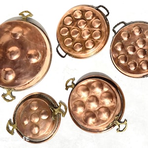 Antique 7-10inch Copper Escargot Egg Mold Lot| Mixed Designs| Made in France| Rounded Rim| Tin Lining| 4.4lbs| Gift Idea