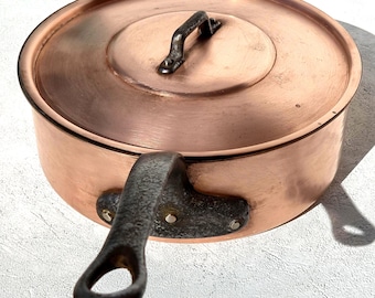 Sartén francesa de cobre vintage con tapa, martillada, 23,6 cm (9,3 pulgadas), 2 kg (4,4 libras).