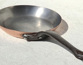 Vintage Franse koperen koekenpan, aluminium gevoerd, 8,9 inch, 2,2 lbs