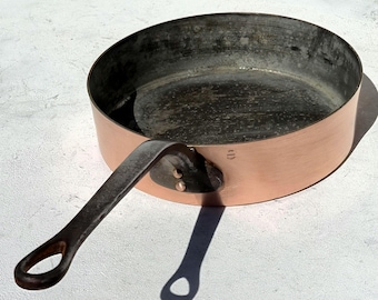 Sartén francesa antigua de cobre, Villedieu, con revestimiento de estaño, 24,4 cm, 2 kg.