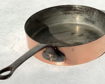 Ollas y sartenes de cobre francesas antiguas, sartén para saltear, Villedieu, Francia, revestimiento de estaño, 24,4 cm, 1,8 kg