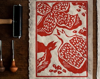 Linoldruck "pomegranates", Granatapfel, kreatives Geschenk, Original Linol Kunst, Naturpapier, Obst und Gemüse