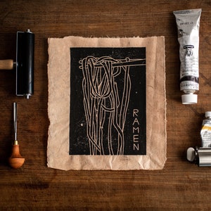 Linoprint "RAMEN", food, Japanese noodle soup, creative gift, original lino art, natural paper, food, kitchen