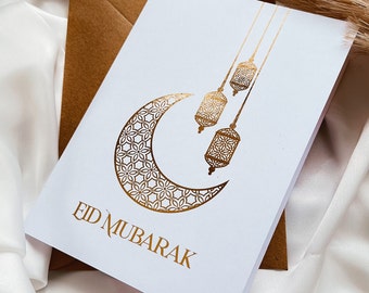 Goldfolie Eid-Karte mit Umschlag, modernes islamisches Design, Eid-Karte. Goldkarte. Eid Mubarak. Eid Feiern