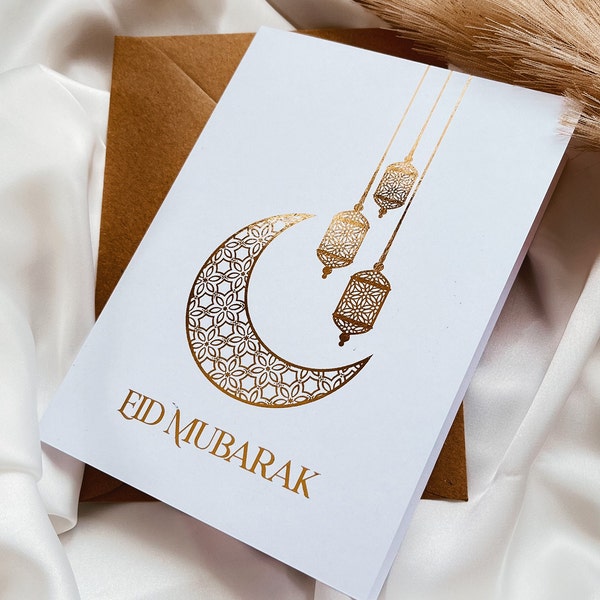 Gold Foil Eid Card with envelope, Modern Islamic design, Eid card. Gold Card. Eid Mubarak . Eid celebrations