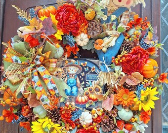Guirlanda de espantalho de outono: decoração de porta de outono com abóbora e flores