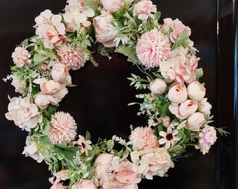 40cm Artificial Peony Silk Flower, Leaf Vine Wreath, Wedding Wreath, Home Wreath Soft pink, Blush Pink
