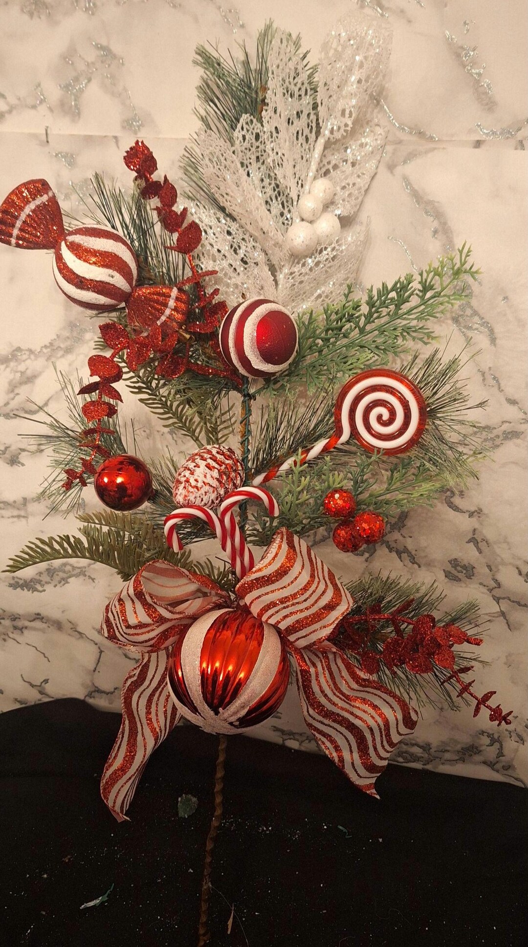 Christmas Candy Cane Green Pine Spray, Candy Cane Christmas Tree