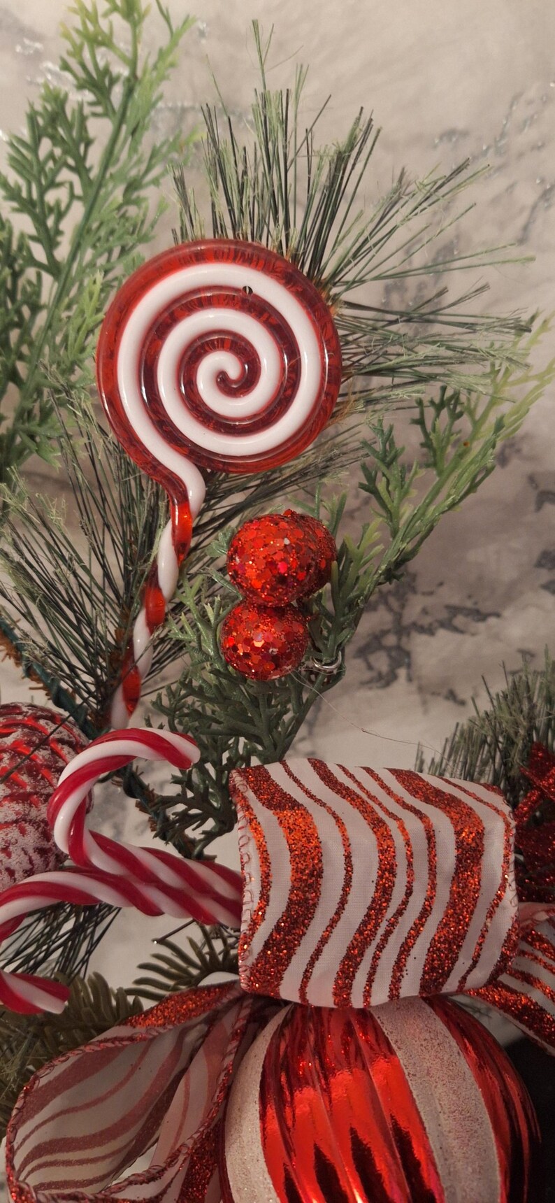 Christmas Candy Cane Green Pine Spray, Candy Cane Christmas Tree