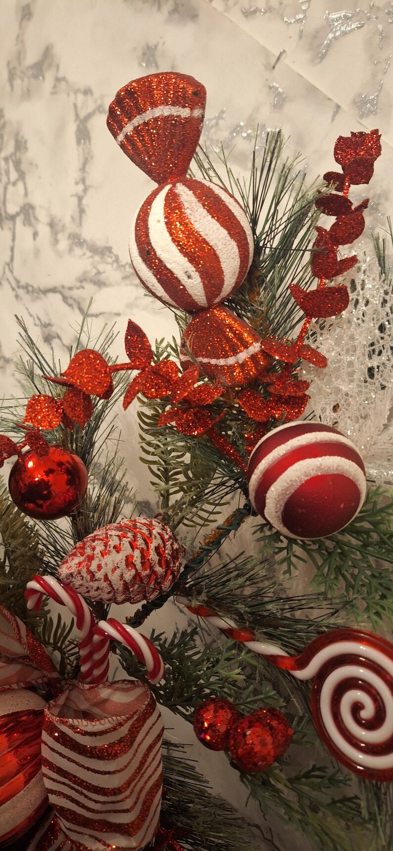 Christmas Candy Cane Green Pine Spray, Candy Cane Christmas Tree