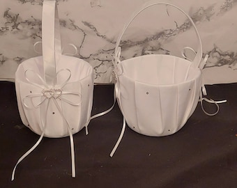 Flower Girl basket, Satin Flower Girl Basket with diamonte's, Heart Buckle  Satin hanging ribbons,