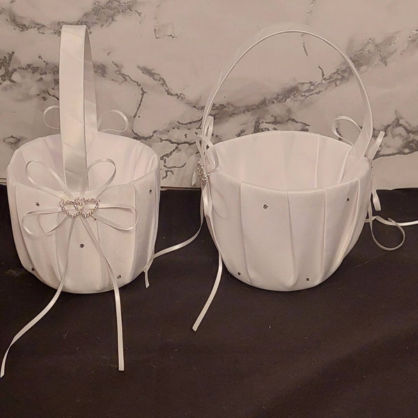 Flower Girl basket, Satin Flower Girl Basket with diamonte's, Heart Buckle  Satin hanging ribbons,