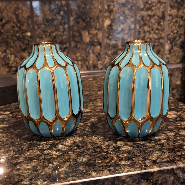 Turquoise and Gold Geometric Ceramic Round Vase with Small Neck