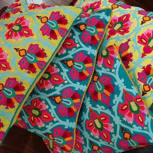 Indian Style Patterned Embroidered Cushion, Available in Yellow an Turquoise