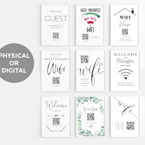 May include: Nine printable signs with a QR code for wifi access. The signs have different designs and text, including "Be Our Guest", "Help Yourself", "Welcome to the Millington Family Home", and "Wifi is on the House".