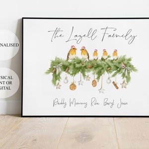 Personalised Christmas Family Robin Print, Christmas décor, Keepsake, Xmas family, Christmas Decorations, Custom Gift, Best Seller, Bird