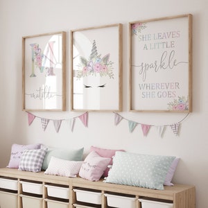 Personalised Unicorn Theme Art Print | Set of 3 | Nursery Print | Glitter Pastel Colours | Kids Prints | Poster Decor | Girls Bedroom | Cute