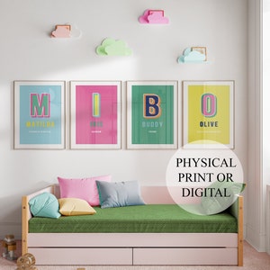 May include: Four colourful framed prints with large letters spelling out "MIBO" with names and descriptions below each letter. The prints are hanging on a white wall with pink, blue, and green paper clouds above them. A pink daybed with green bedding and pillows is in the foreground. The text "PHYSICAL PRINT OR DIGITAL" is below the daybed.