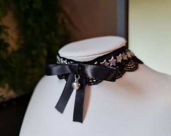 Choker en dentelle gothique noir et argent, ciel étoilé