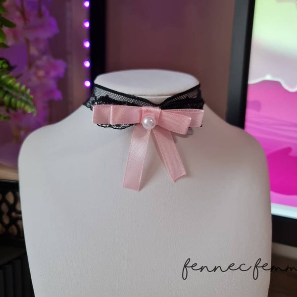 Black and Pink Choker Collar with Bow