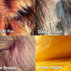 May include: Close-up of four different faux fur textures. The colors include Ginger Fox, Dark Brown, Light Brown, and Warm Yellow. Each swatch has a different texture and color variation, with the names of the colors written in white text.