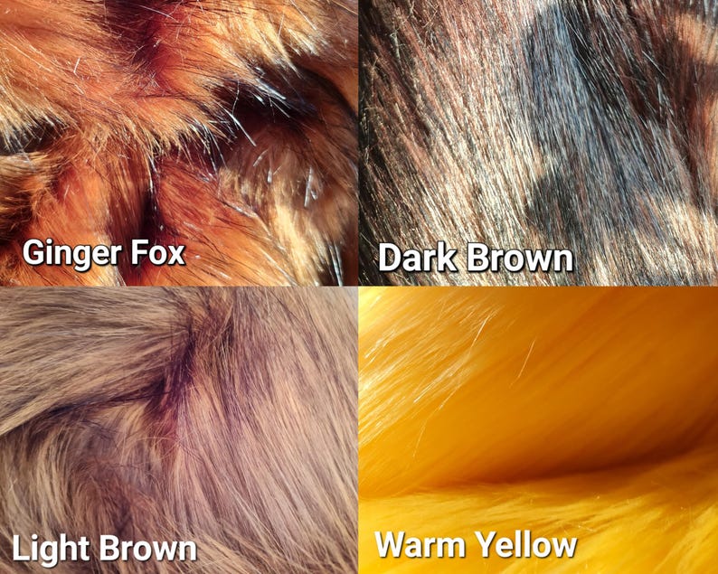 May include: Close-up of four different faux fur textures. The colors include Ginger Fox, Dark Brown, Light Brown, and Warm Yellow. Each swatch has a different texture and color variation, with the names of the colors written in white text.