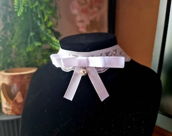 White Lace and Ribbon Choker with Bell