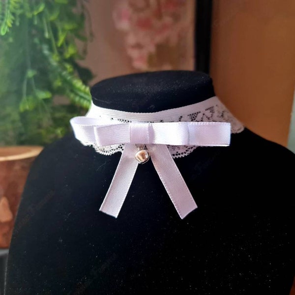 White Lace and Ribbon Choker with Bell