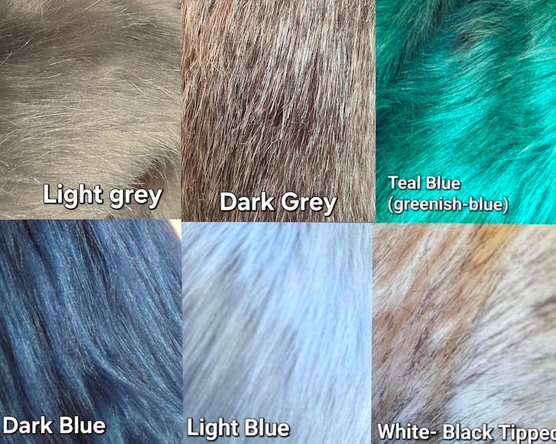May include: Close-up of six different faux fur fabric swatches. Colors include light grey, dark grey, teal blue, dark blue, light blue, and white with black tips. Each swatch has a soft, textured appearance.