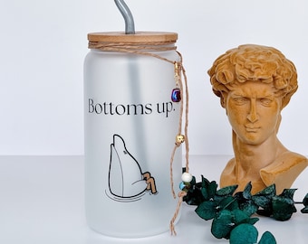 Bottoms Up Funny Glass Iced Coffee Cup | 16 oz Frosted Glass Beer Can | Cup Tumbler with Bamboo Lid and Straw | Glassware