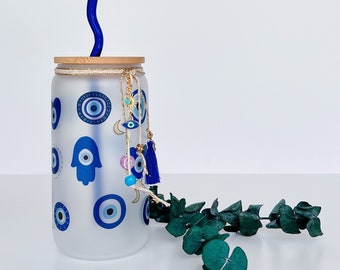 Mystic Moon & Evil Eye Iced Coffee Cup | 16 oz Frosted Glass Beer Can | Cup Tumbler with Bamboo Lid and Straw | Celestial Mystical Gift
