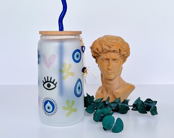Evil Eye Retro Iced Coffee Cup | 16 oz Frosted Glass Beer Can | Cup Tumbler with Bamboo Lid and Straw | Cute Custom Glass Can