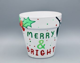 Christmas Holly Pot | Xmas leaves Plant Pot | Holiday Art | Hand-painted Planter | Terracotta 4.5” White Medium