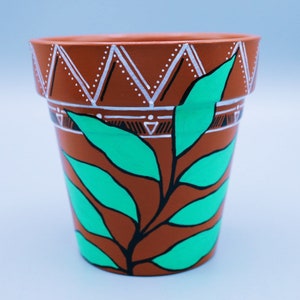 Pot de fleurs artistique en forme de feuille aztèque | Pot de fleur peint à la main | Jardinière intérieure extérieure | Art tribal design | Terre cuite 4 po.
