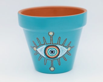 Boho Muted Blue Evil Eye Pot | Jardinière extérieure intérieure | | du troisième œil peint à la main Petit pot de fleurs en terre cuite de 4 « | Pot de plantes d’art en pointillés